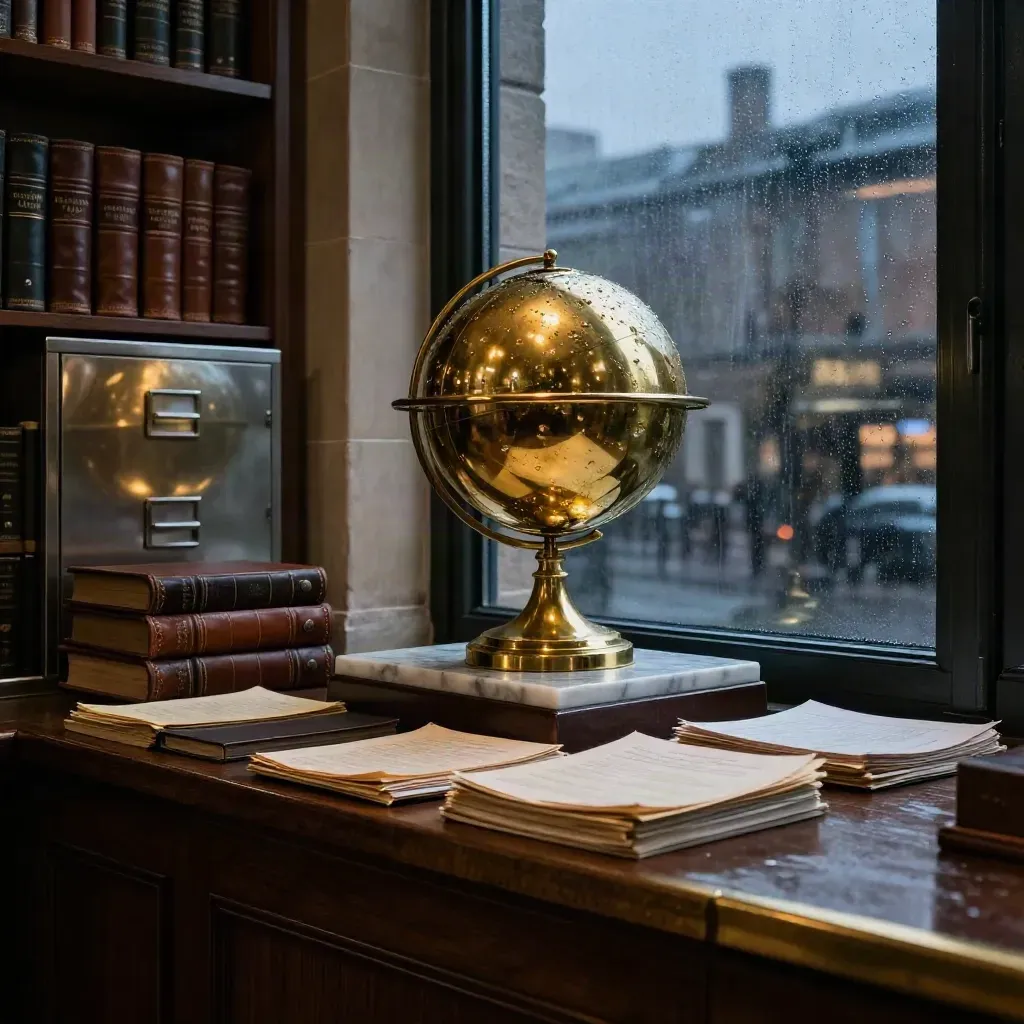 Brass globe and portfolio cases in a moody Mayfair advisory library at blue hour.