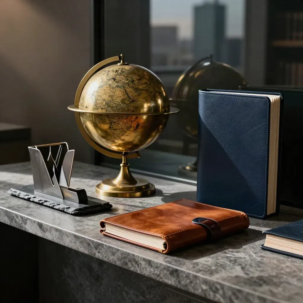 Brass globe, leather folios and slate blocks on a stone console beside a dark city window.