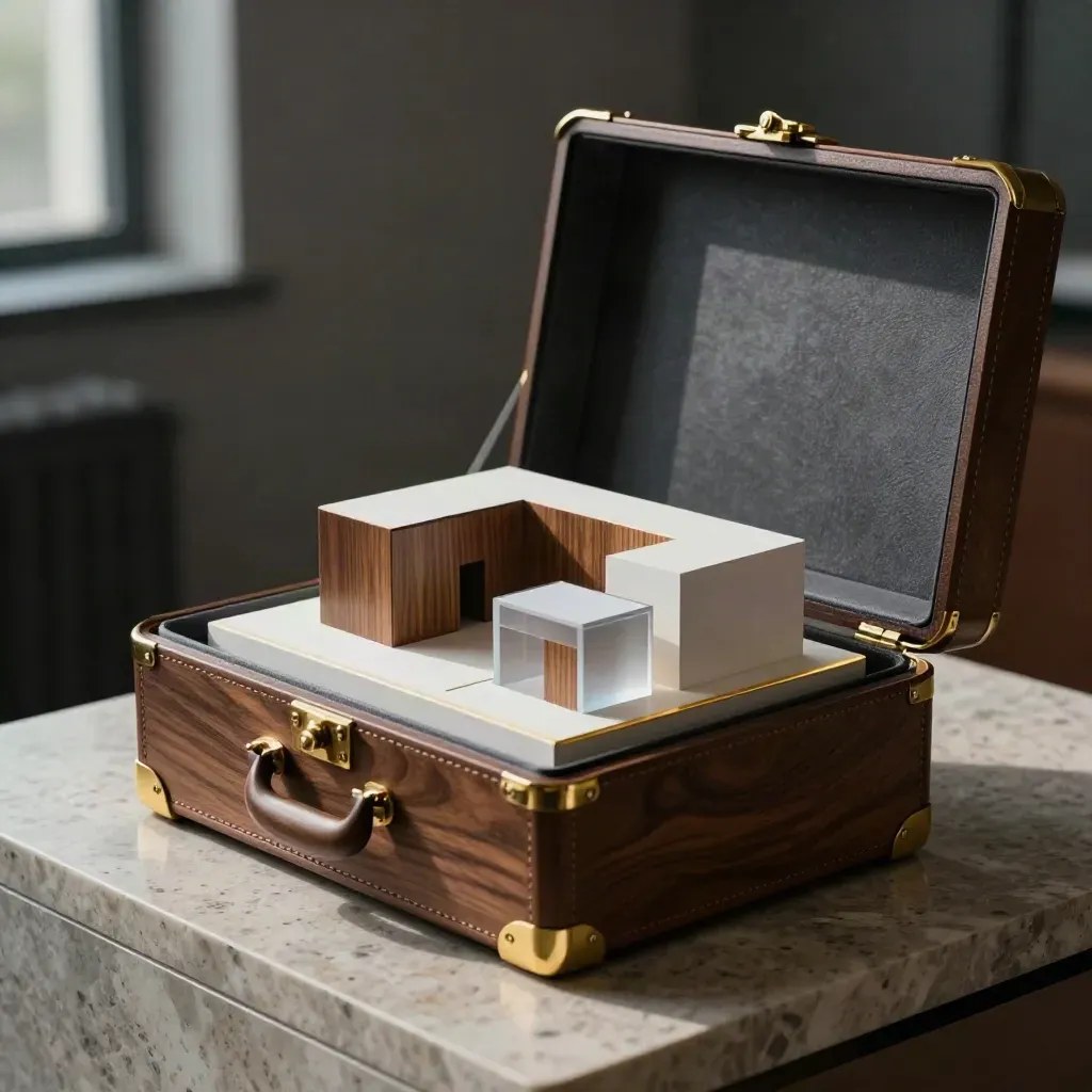 Open presentation case with a modular deal model and frosted acrylic block in moody finance lighting