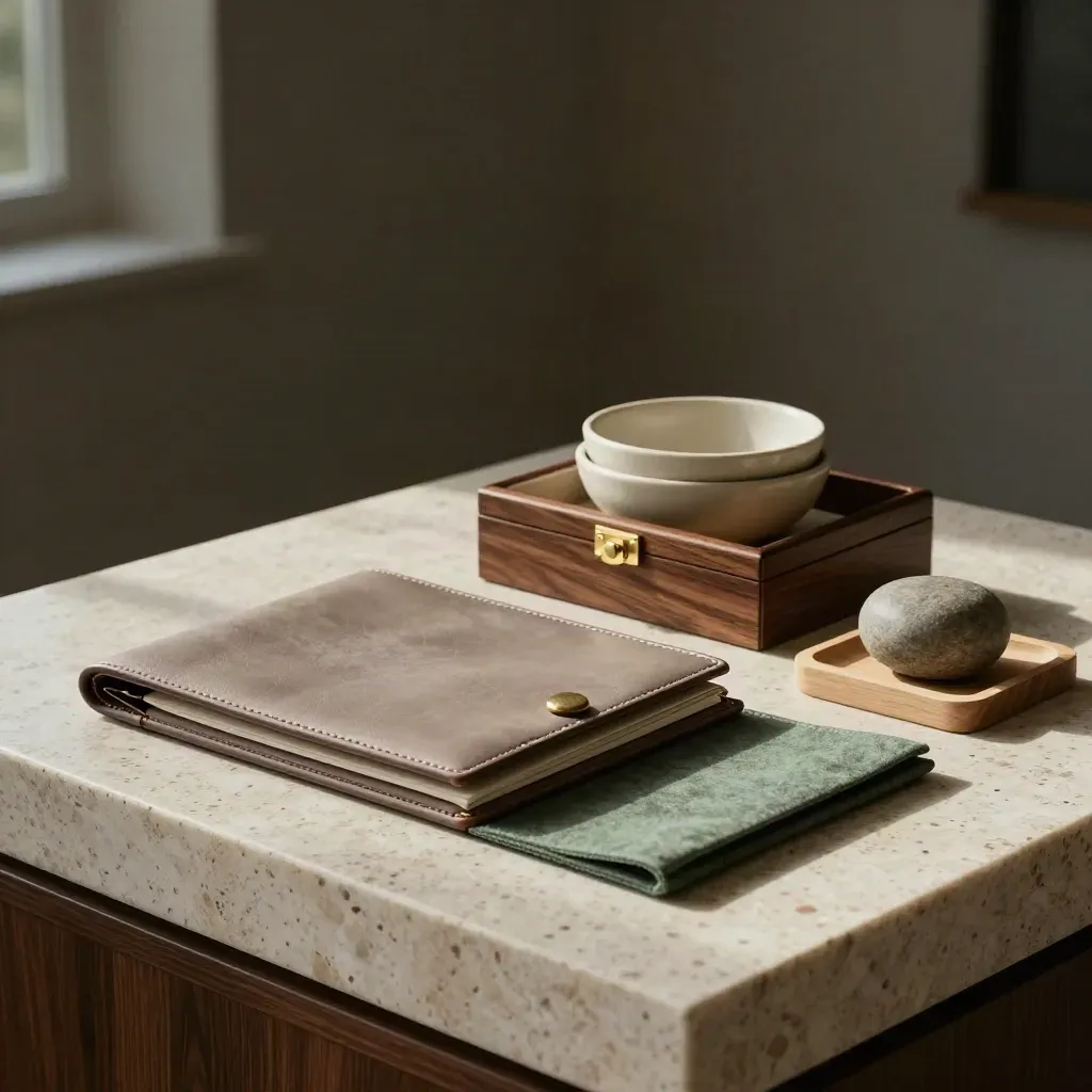 Overhead still life of wealth planning objects on pale travertine with warm green accent.