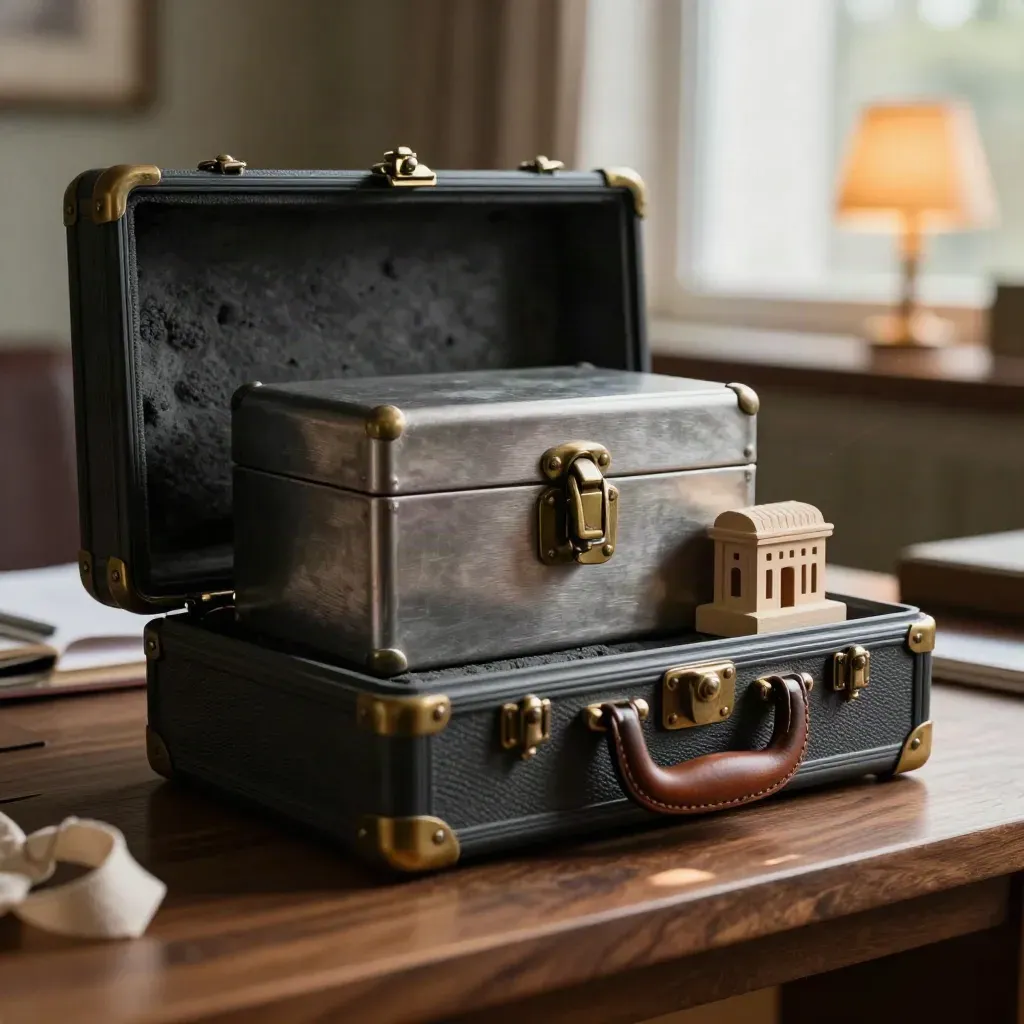 Brass-latched presentation case, miniature building model, and lockbox on a walnut ledge in warm light.