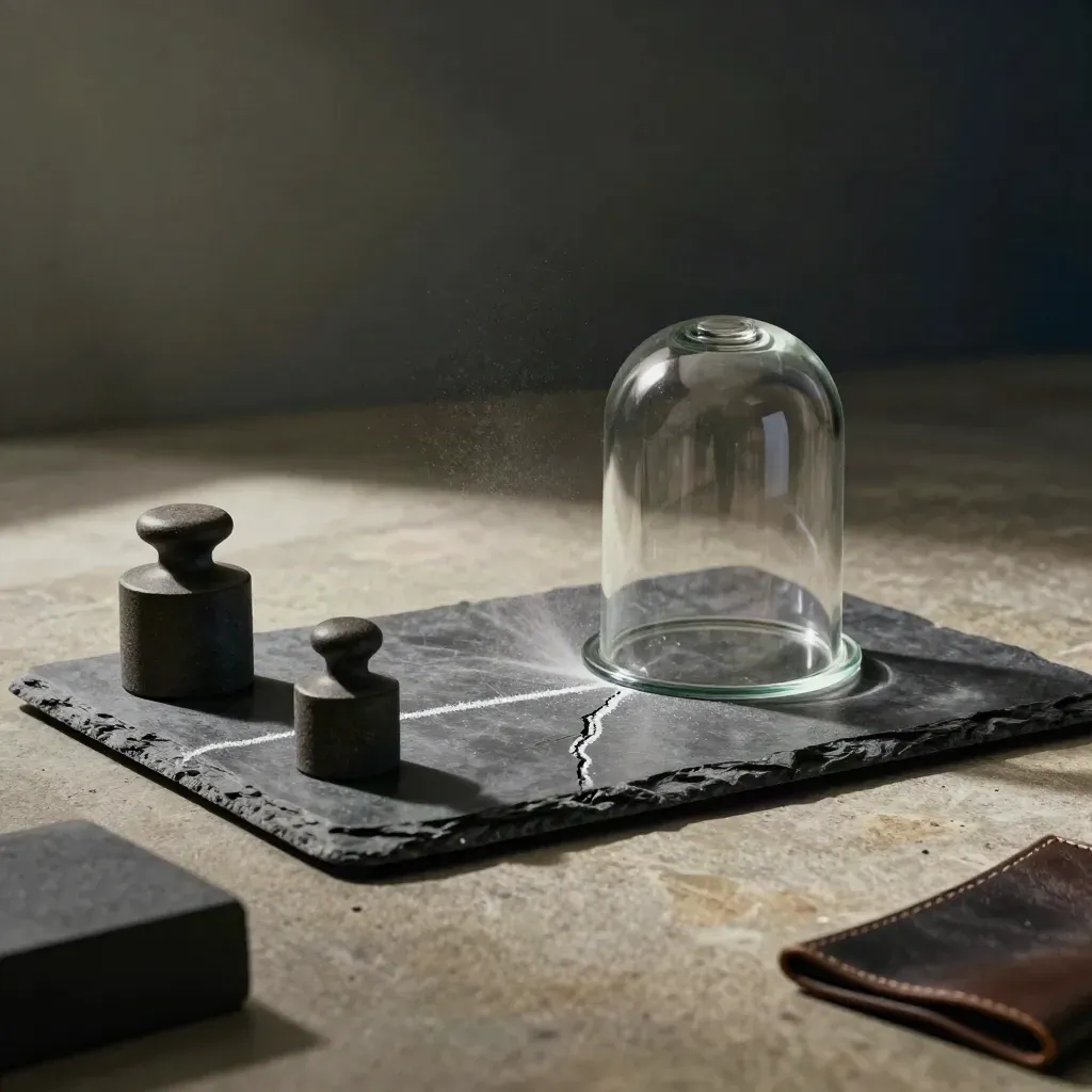Glass dome over slate weights and a cracked chalk line in a dark risk-analysis setting.
