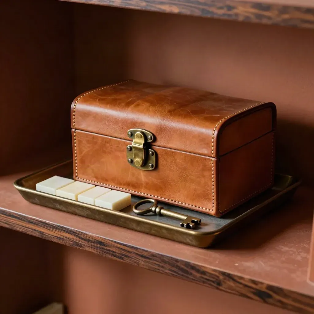 Leather vault box, ivory dividers, bullion tray and key arranged on a terracotta shelf.