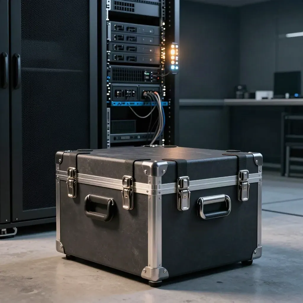 Sealed deployment crate beside server racks and glowing status tower in a hazy launch bay
