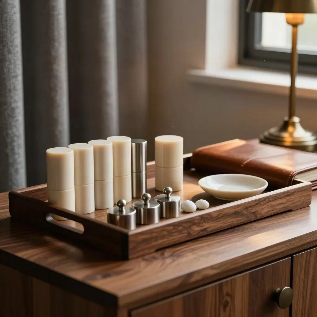 Treasury tray with bond cylinders, metal weights and stones in a warm office corner