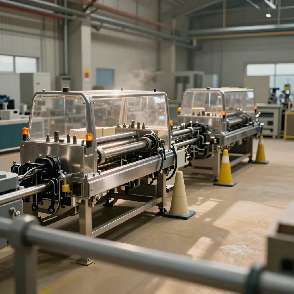 Two gleaming factory production lines on a spotless floor, lit low and dramatic.