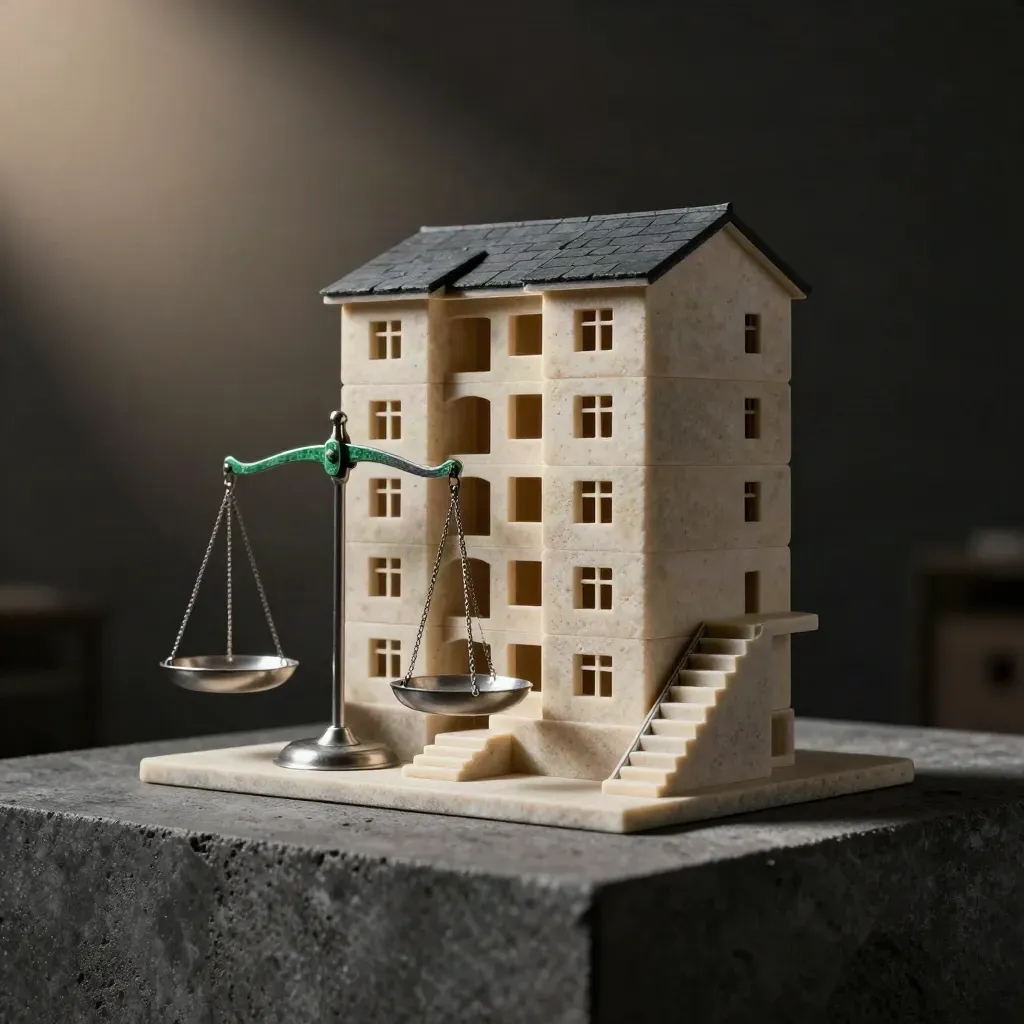 Stone building models beside a balance scale and stepped debt ladder in a moody finance scene.