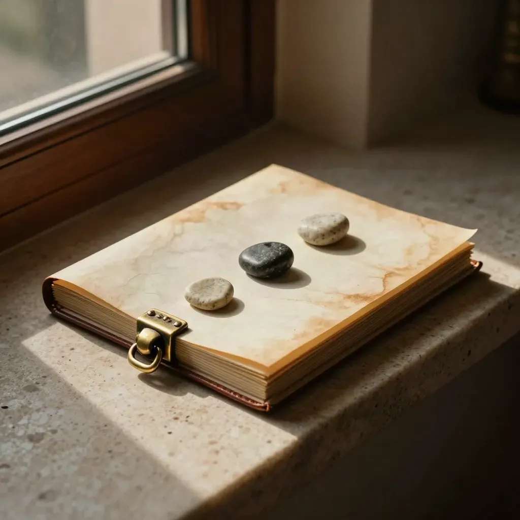 Ivory wealth-plan folio, step-card holder, and marker stones on a travertine ledge by warm window light.