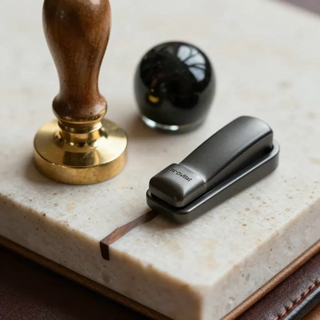Brass seal stamp, onyx paperweight and folio clasp on travertine in moody light