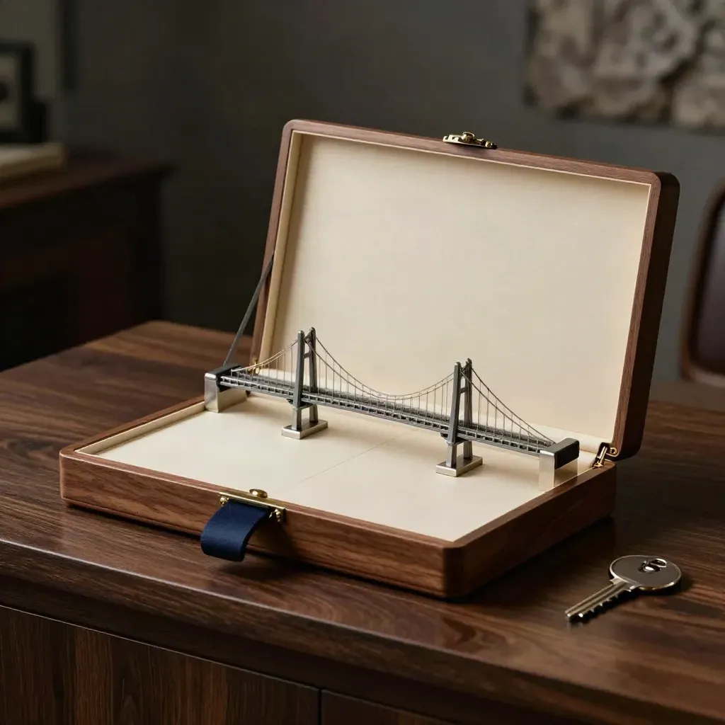 Fold-out deal box with bridge model and weighted clips on a dark walnut plinth, lit dramatically.