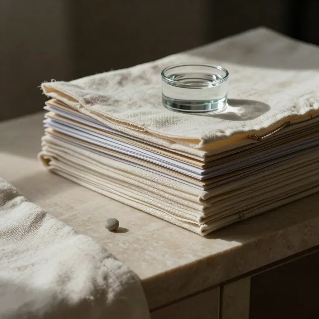 Linten portfolio sleeves, pebble weights and a glass paperweight on stone in moody light.