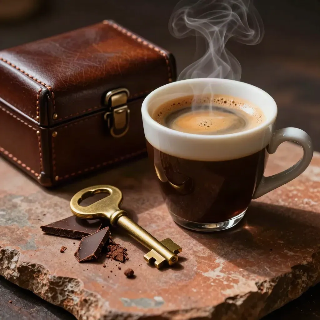 Espresso cup, chocolate shards, brass key and leather case on terracotta stone.