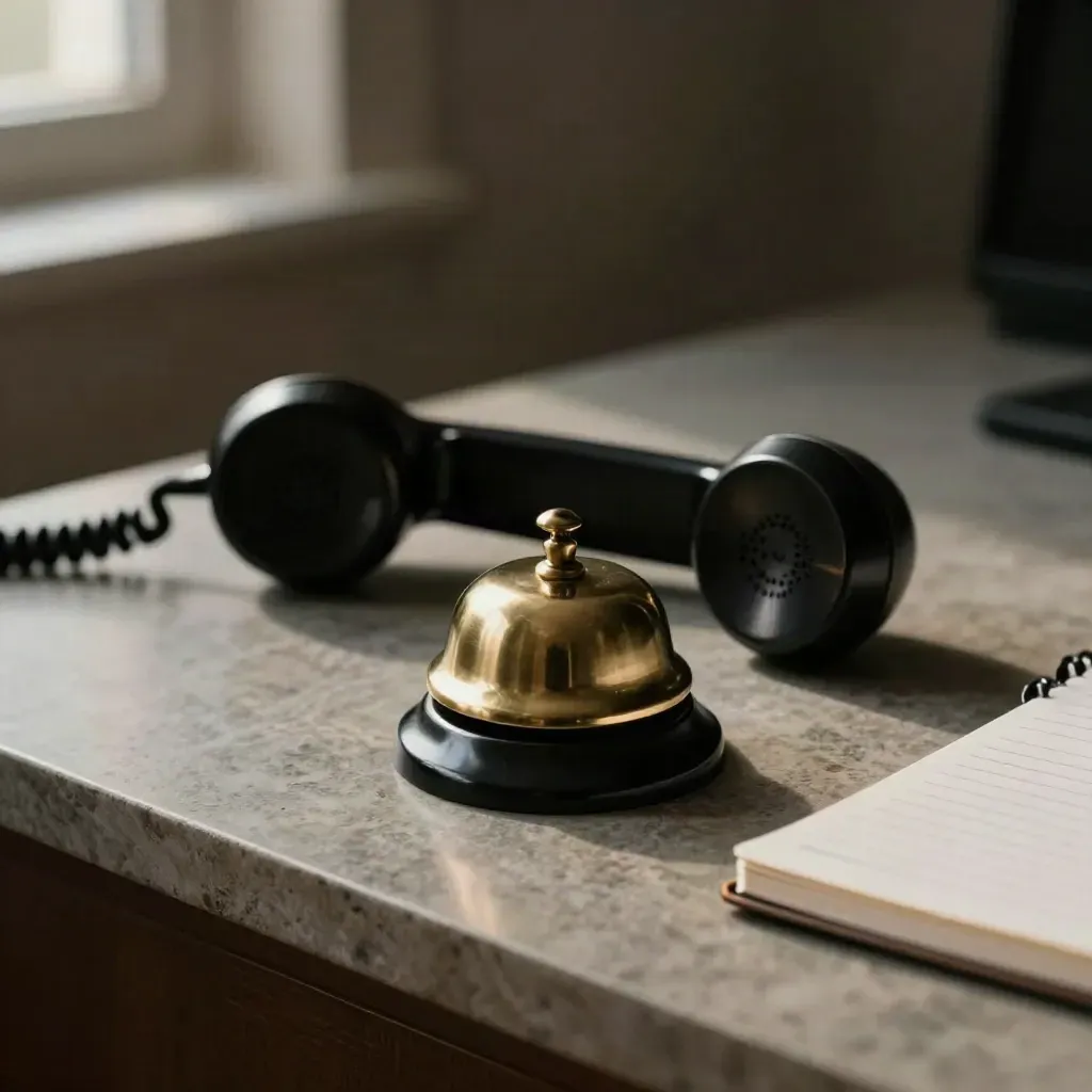 Black phone receiver, brass bell and closed notebook on a stone desk in soft side light.