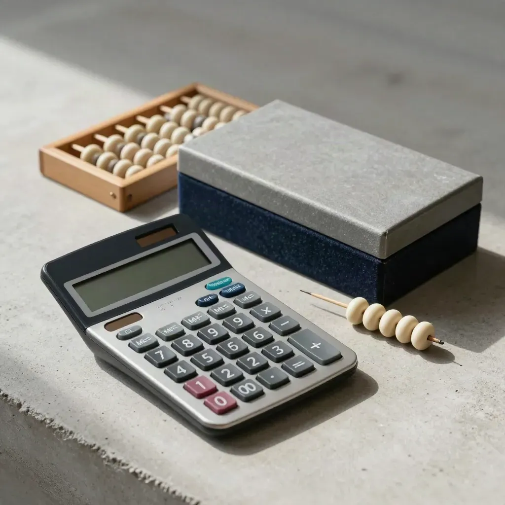 Calculator, abacus and ledger box on concrete with soft side light.