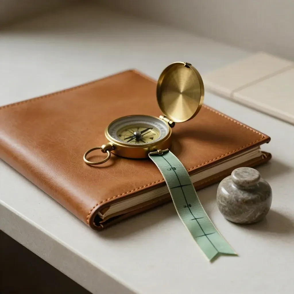 Leather folio, brass compass, ribbon and stone weight on an off-white plaster sweep.