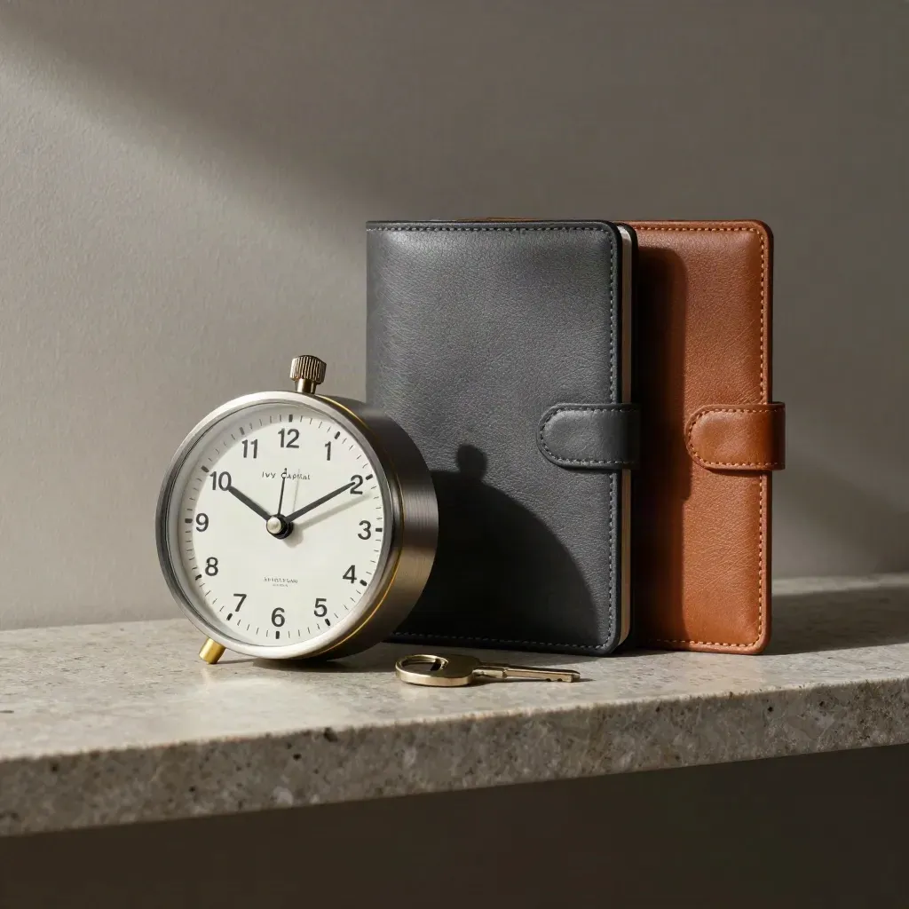 Rotating desk timer with leather portfolio cases and a polished key on stone