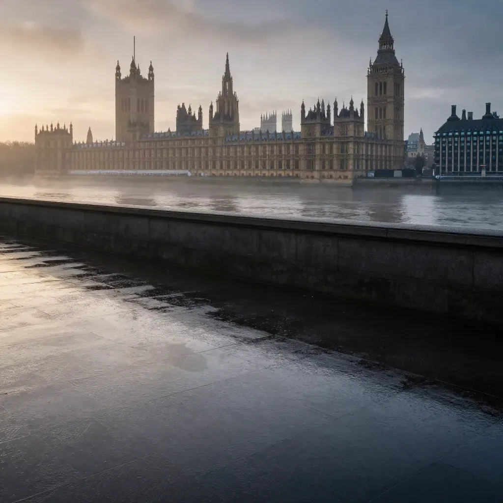 Westminster at dawn in mist above calm Thames water and wet stone embankment.