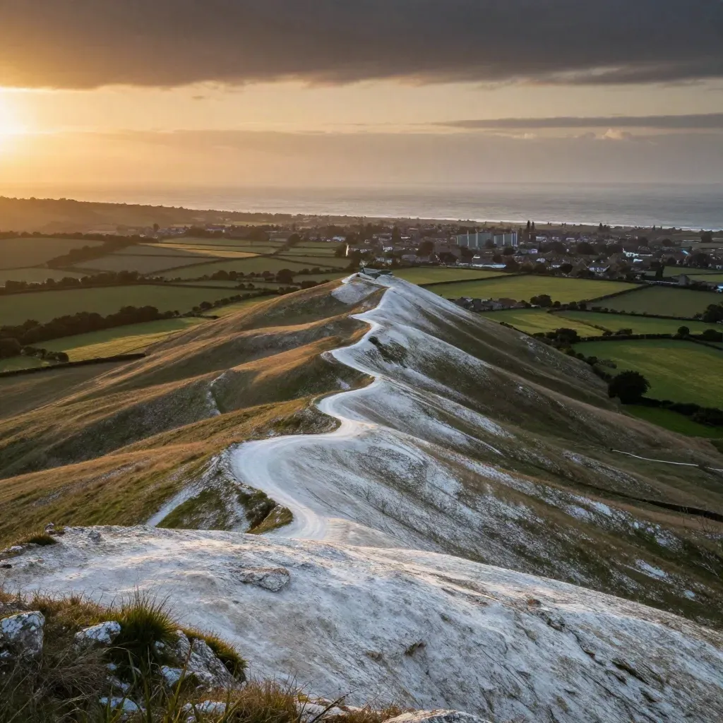 Golden-hour view of South East England chalk downs and a distant coastal town after rain.