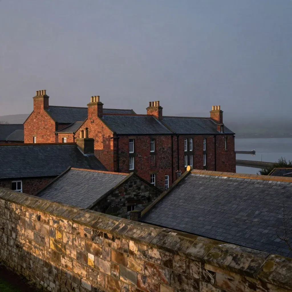 Blue-dusk North West England skyline over calm sandstone and slate with mist and gold light.